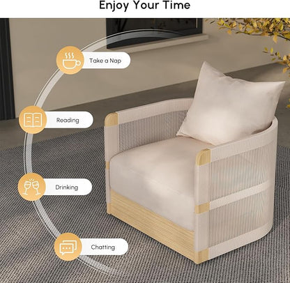 homary Outdoor Hand-Woven Rope Swivel Chair, 360 Degree Swivel Patio Chair, Hand-Woven Rope Outdoor Chair with Rainproof Cushion and Aluminum Frame for Garden, Balcony, Indoor, Khaki