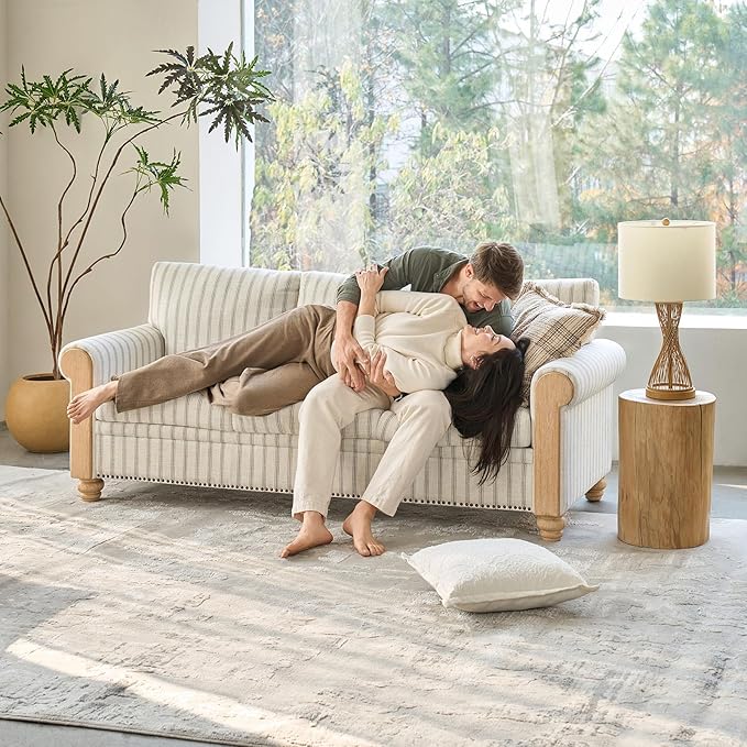 EcoHarbor Living 3-Seater Couch, Stripe 81" Mid-Century Modern Upholstered Sofa with Armrests, Stripe Couches for Living Room, Bedroom, Office, Apartment, Blue