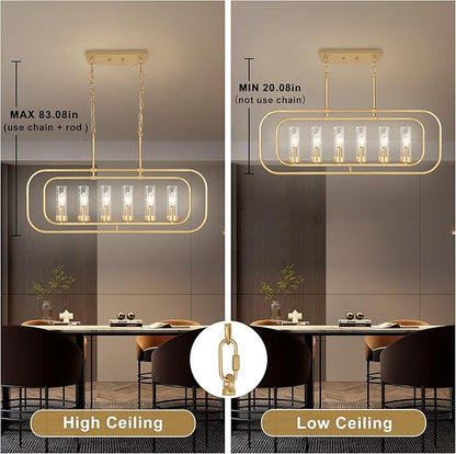Dining Room Light Fixture, 36" Gold Island Lights for Kitchen Modern Linear Chandelier 6 Lights Farmhouse Chandelier Large Pendant Light, Industrial Chandeliers for Dining Room, Clear Glass