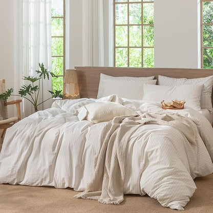 MooMee Striped Duvet Cover Set 100% Washed Cotton Linen Like Textured Breathable Durable Soft Comfy (White Almond Milk Grey Wide Stripes, King 104"x90")