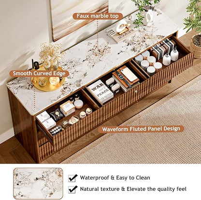 Fluted Dresser for Bedroom with 9 Drawers,62.99" Modern Chest of Drawers with Faux Marble Top, Curved Profile Design,Dresser TV Stand, Wood Drawer Organizer for Living Room, Hallway, Brown