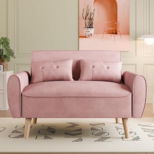 Vongrasig Small Modern Loveseat Sofa 47" Mid Century Linen 2 Seat Couch Tufted Love Seat, Pink