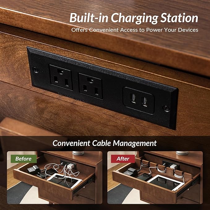 HULALA HOME 2 Drawer Nightstand with Charging Station, Mid-Century Modern Bedside Tables with Wood Legs, Wood Night Stand with Pull-Out Shelf Set of 2, Walnut