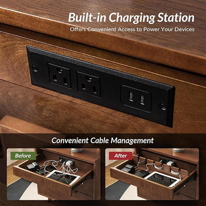 HULALA HOME 2 Drawer Nightstand with Charging Station, Mid-Century Modern Bedside Tables with Wood Legs, Wood Night Stand with Pull-Out Shelf Set of 2, Walnut