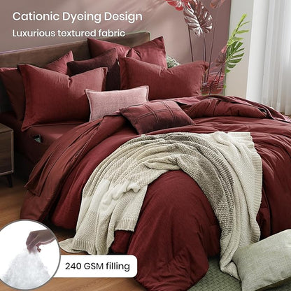 Monbix Queen Comforter Set Red, Cationic Dyeing Reversible Bedding Set 7 Pieces, All Season Bed in a Bag with Sheets, Pillowcases & Shams