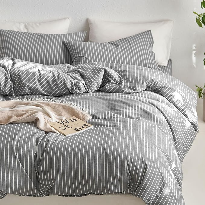 MooMee Striped Duvet Cover Set 100% Washed Cotton Linen Like Textured Breathable Durable Soft Comfy (Dark Grey White Wide Stripes, Twin 68"x90")