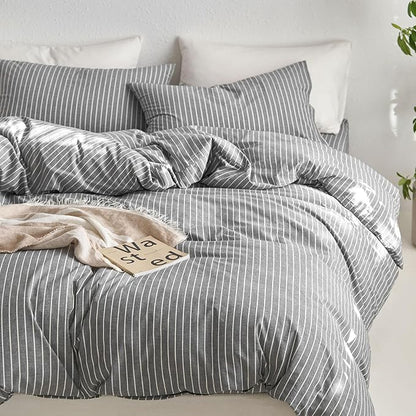 MooMee Striped Duvet Cover Set 100% Washed Cotton Linen Like Textured Breathable Durable Soft Comfy (Dark Grey White Wide Stripes, Super King Plus 120"x120")