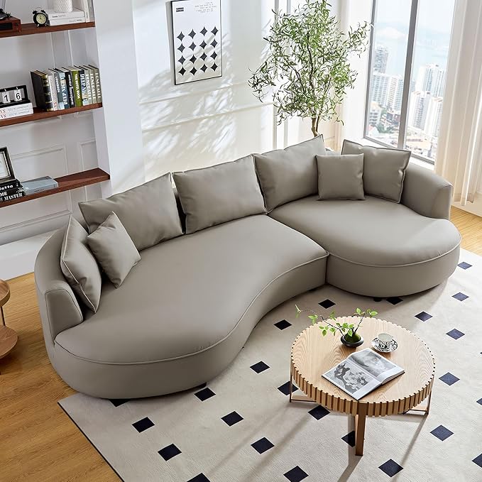 WILLIAMSPACE 124.8" Leather Curved Sofa Couch, Modern Upholstery Luxury Sofa with Pillows, Left Hand Facing Sectional Couch for Living Room (Right-Facing,Light Grey Leather)