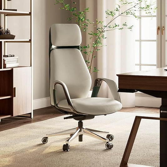 EUREKA ERGONOMIC Comfortable Office Chair Ergonomic Desk Chair, Genuine Leather Office Chair Big and Tall Executive Chair with Lumbar Support, Modern Ergonomic Chair with Wheels for Home Office- Beige