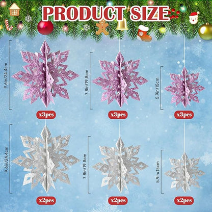 Christmas Hanging Snowflakes Decorations, 15pcs 3D Glitter Purple Silver Paper Snowflakes Snow Flakes Garland for Winter Wonderland Frozen Christmas Birthday Party Decorations