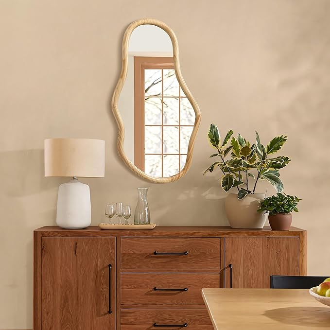 LuxenHome Asymmetrical Natural Wall Mirror for Bathroom, Large Irregular Oval Modern Decorative Vanity Mirror with Solid Wood Frame, Wall Mounted Hanging Sculptures for Living Room Bedroom Entryway