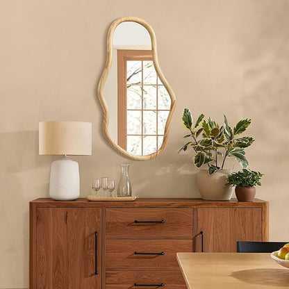 LuxenHome Asymmetrical Natural Wall Mirror for Bathroom, Large Irregular Oval Modern Decorative Vanity Mirror with Solid Wood Frame, Wall Mounted Hanging Sculptures for Living Room Bedroom Entryway