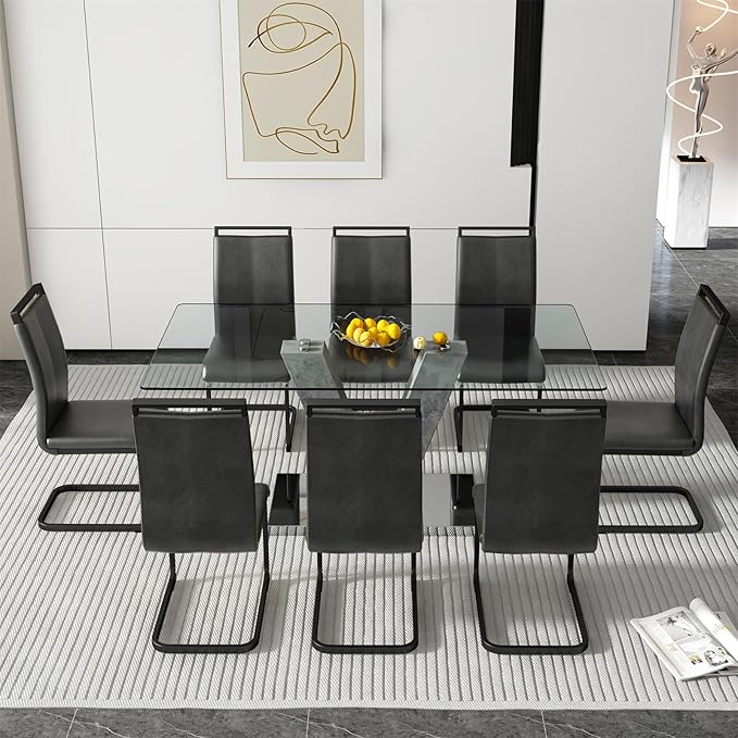 Glass Dining Table Set for 8, 71" Kitchen Table and 8 PU Leather Chairs, Tempered Glass Top and MDF Base, 9-Piece Table Set Ideal for Living Room