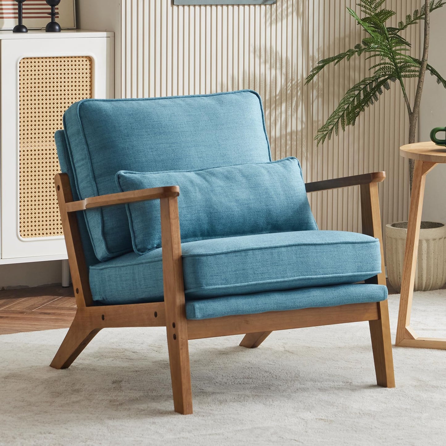 VINGLI Solid Wood Wide Armrests Accent Chair,Upholstered Mid Century Modern Chair with Pillow,Comfy Reading Chair Farmhouse Arm Chair,Chairs Living Room,Bedroom,Guest Room,Teddy Fleece,Khaki