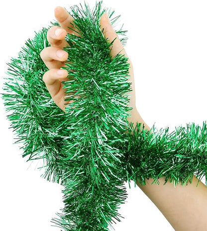 WILLBOND 50 ft Christmas Tinsel Garland Metallic Tinsel Twist Garland Christmas Tree Decorations New Year Wedding Birthday Hanging Decorations Party Supplies, 3 Inch(Green)