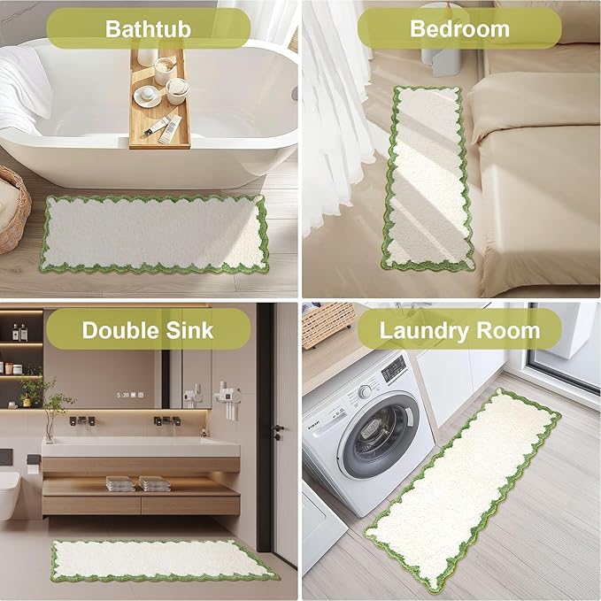 ORTIGIA Long Cute Scalloped Bathroom Rugs Runner, Fun White and Green Plush Microfiber Scallop Bath Mats Non Slip Washable Quick Dry Absorbent, Rug for Bathtub Sink Laundry Room Bedroom, 17x47