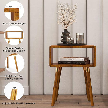 Bme Dinkee Solid Wood Nightstand Bedside Table Without Drawer for Mid Century Bedroom and Living Room, Caramel