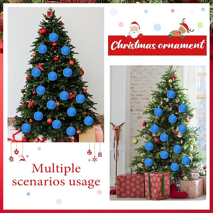 12Pcs Furry Christmas Ball Ornament for Xmas Tree Blue Soft Faux Fur Pom Pom Ball Ornaments Christmas Tree Hanging Decorations for Winter Party Home Decor Costume Supplies