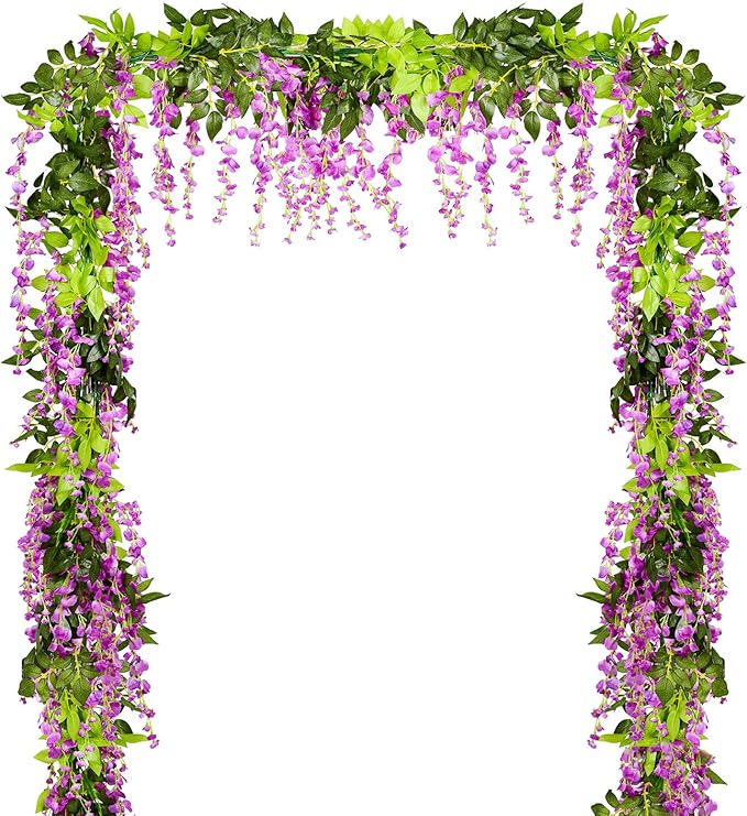 Lvydec Wisteria Artificial Flowers Garland, 4 Pcs Total 28.8ft Artificial Wisteria Vine Silk Hanging Flower for Home Garden Outdoor Ceremony Wedding Arch Floral Decor (Purplish Red)