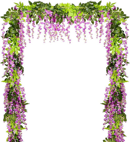 Lvydec Wisteria Artificial Flowers Garland, 4 Pcs Total 28.8ft Artificial Wisteria Vine Silk Hanging Flower for Home Garden Outdoor Ceremony Wedding Arch Floral Decor (Purplish Red)