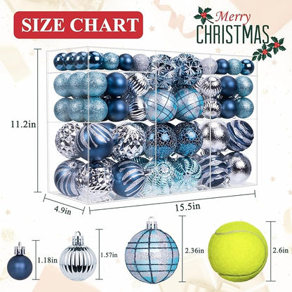100ct Christmas Ball Ornaments Set, Blue and Silver Shatterproof Hand-Painted Hanging Baubles Decoration Bulk for Xmas Tree, Wreath, Garland, Home Holiday Decor