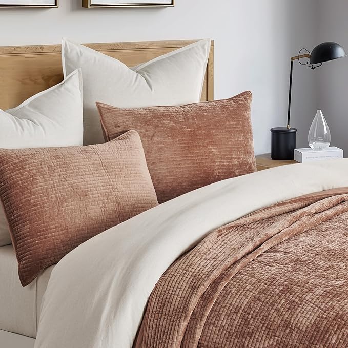 EVERGRACE Velvet Quilt Set King Size, Luxurious Soft Quilted Bedding Sets, Lightweight Velvet Comforter for All Season, Striped Channel Bedspread Coverlet with 2 Shams, Terracotta Clay
