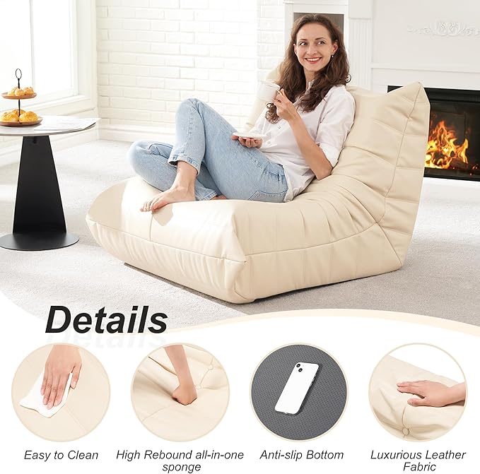 Hobestluk Giant Bean Bag Chair Lazy Floor Sofa, Fireside Sofa for Adults, Big Beanbag Faux Leather Armless Chair for Living Room Bedroom Dorm Office (Beige, Single)