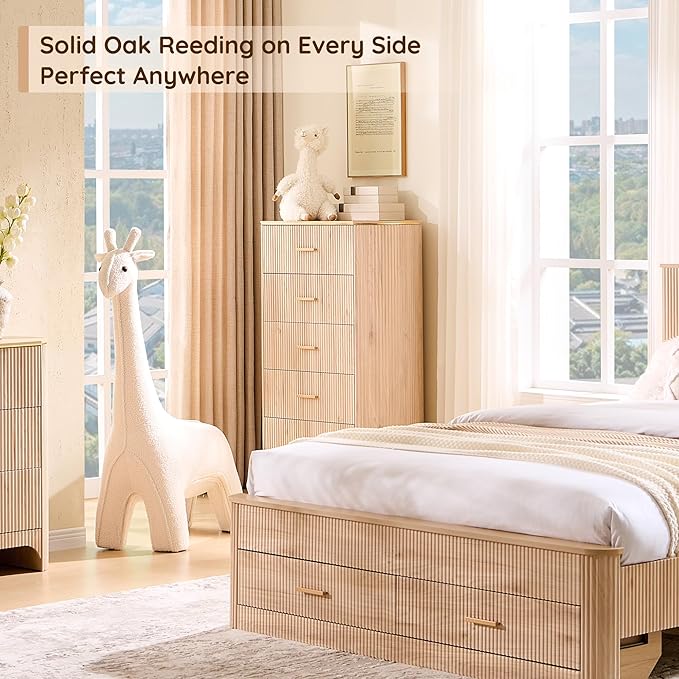 Fluted 5 Drawer Tall Dresser with Curved Profile,47.8" Tall Drawers with Reeded Texture,Gold Handles Storage Organizer Cabinet for Bedroom,Living Room,Entryway,Light Oak