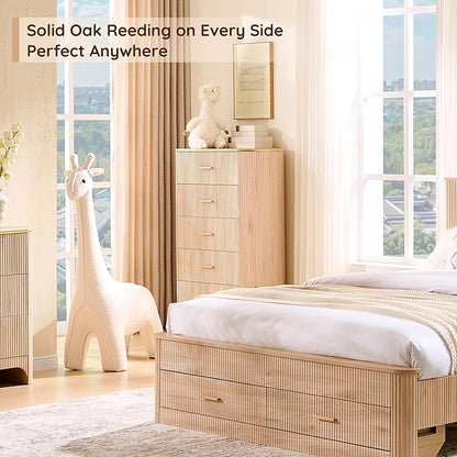 Fluted 5 Drawer Tall Dresser with Curved Profile,47.8" Tall Drawers with Reeded Texture,Gold Handles Storage Organizer Cabinet for Bedroom,Living Room,Entryway,Light Oak