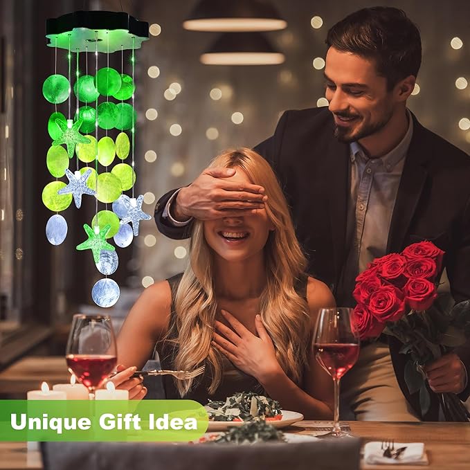 Solar Shell Gift for Mom Grandma Girls, White & Green Solar Christmas Wind Chimes for Outside, Outdoor Decorative Mobile Lights for Garden, Yard, Patio, Window, Party, Christmas Decorations