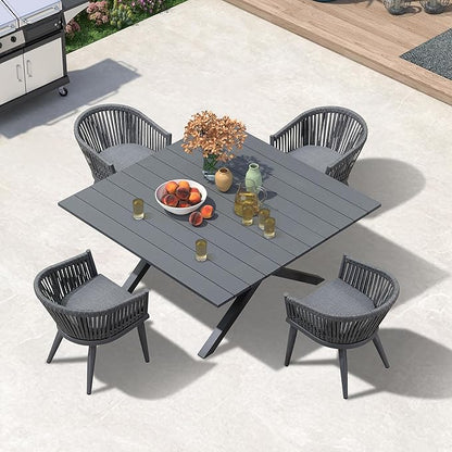 PURPLE LEAF 5 Pieces Oversized Square Outdoor Dining Set with Patio Aluminium Dining Table and Wicker Chairs Modern Furniture Cushions Sets for Backyard Indoor Decor Kitchen Gray