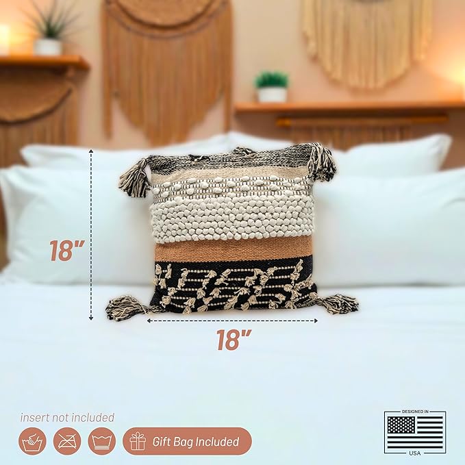 Throw Boho Pillow Cover, 18”x18” Bohemian Moroccan Rustic Decorative Pillows with Tufted Accents, Plush Handwoven Cotton, Textured Woven Neutral Farmhouse Scandinavian Home Decor