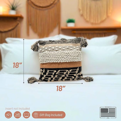 Throw Boho Pillow Cover, 18”x18” Bohemian Moroccan Rustic Decorative Pillows with Tufted Accents, Plush Handwoven Cotton, Textured Woven Neutral Farmhouse Scandinavian Home Decor