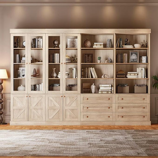 Vyre 71" Tall Farmhouse Bookshelves with Glass Doors and Drawers, Large Modular Bookcase with Adjustable Shelves, Rustic Storage Cabinet for Living Room and Kitchen, Set of 4, Brown