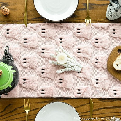 Artoid Mode Pink Ghost Soft Plush Faux Fur Jacquard Halloween Table Runner, Holiday Kitchen Dining Table Decoration for Home Party Decor 13x72 Inch