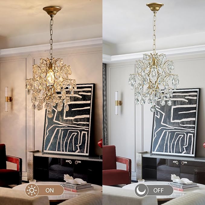 Bestier Gold Modern Pendant Chandelier Crystal Raindrop Lighting Ceiling Light Fixture Lamp for Dining Room Bathroom Bedroom Livingroom entryway 1 E26 Bulbs Required D13 in x H16 in