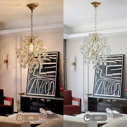 Bestier Gold Modern Pendant Chandelier Crystal Raindrop Lighting Ceiling Light Fixture Lamp for Dining Room Bathroom Bedroom Livingroom entryway 1 E26 Bulbs Required D13 in x H16 in