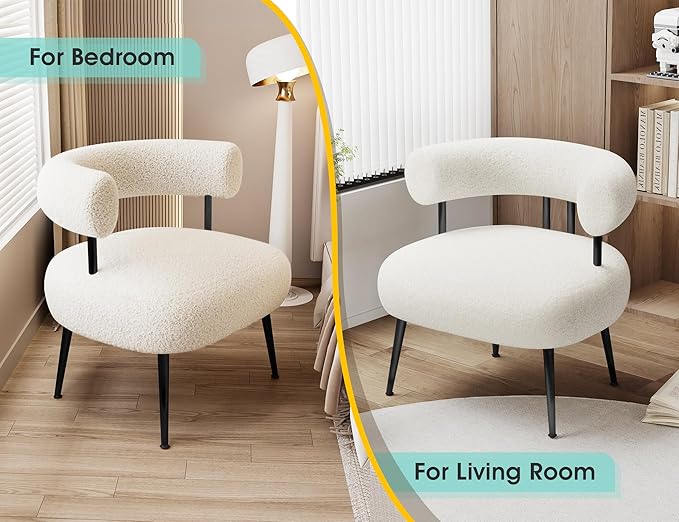 Mid Century Sherpa Boucle Accent Chair, Round Upholstered Barrel Arm Chair for Small Spaces, Fluffy Side Corner Chair for Living Room, Bedroom, Vanity, Office, Reading Nook