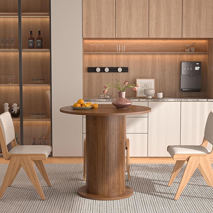 31.5 inch Round Dining Table for 2, Modern Farmhouse Kitchen Table, Small Circle Dining Tables with Wood Strip Base for Kitchen Living Room (Walnut)