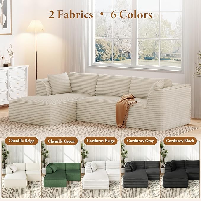 Vesgantti 106" Boneless Couch with Chaise, Deep Seat Comfy Cloud Modular Sofa Corduroy Sectional Couches for Living Room Bedroom, No Assembly Required (Camel, Left-Facing Chaise)