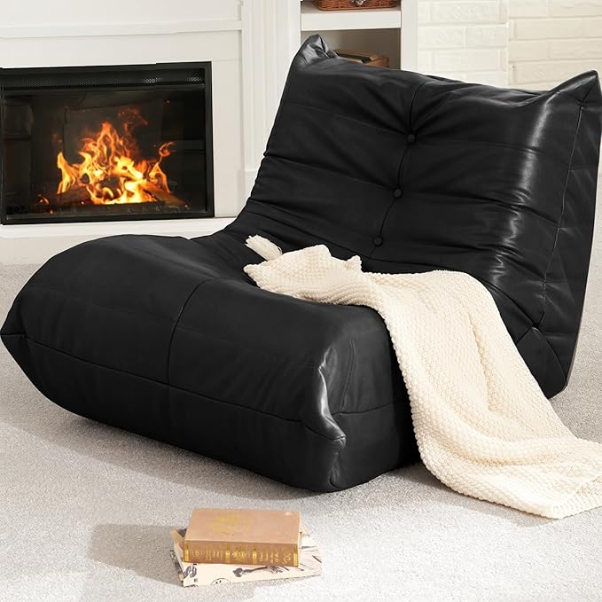 Hobestluk Giant Bean Bag Chair Lazy Floor Sofa, Fireside Sofa for Adults, Big Beanbag Faux Leather Armless Chair for Living Room Bedroom Dorm Office (Black, Single)