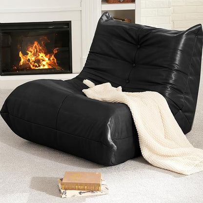 Hobestluk Giant Bean Bag Chair Lazy Floor Sofa, Fireside Sofa for Adults, Big Beanbag Faux Leather Armless Chair for Living Room Bedroom Dorm Office (Black, Single)