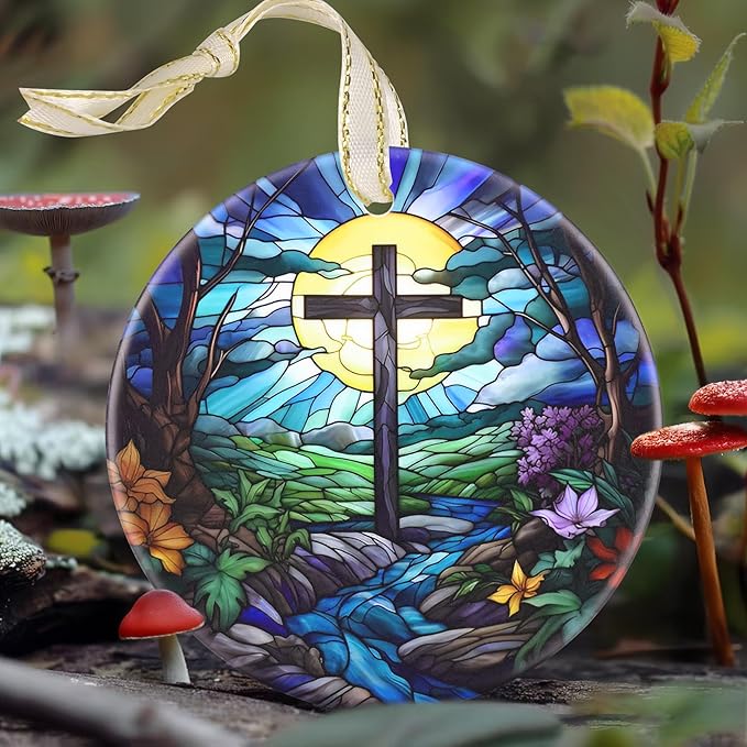 Cross 3.5 Inch Ceramic Christmas Hanging Ornament - Cross & River