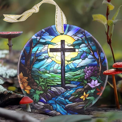 Cross 3.5 Inch Ceramic Christmas Hanging Ornament - Cross & River