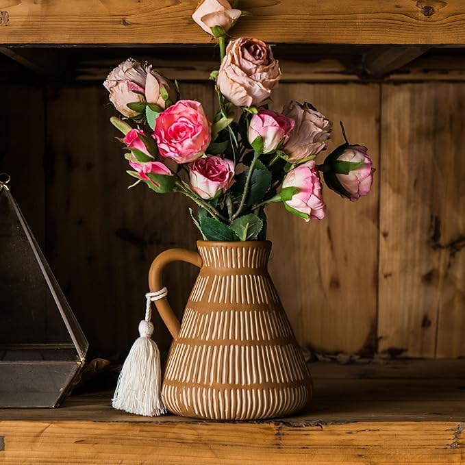 Rustic Farmhouse Vase with Handle and Tassel, Vertical Stripes Terracotta Pottery - Vintage Ceramic Clay for Home Décor, Shelf, Table, Bookshelf, Mantle, Entryway