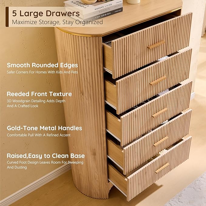 Fluted 5 Drawer Tall Dresser with Curved Profile,47.8" Tall Drawers with Reeded Texture,Gold Handles Storage Organizer Cabinet for Bedroom,Living Room,Entryway,Natural Oak
