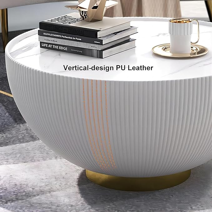 homary 2-Piece Round Coffee Table Set with Sintered Stone Top, Stainless Steel Base PU Leather Upholstery, Modern Drum-Shaped Coffee Table for Living Room