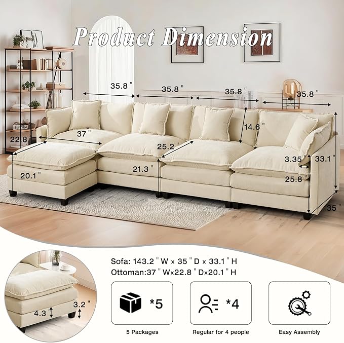 SoarFlash 143.2" Chenille Sectional Sofa, Comfy L Shaped Modular Coush Sofa with Ottoman, Modern 4 Seat Couch Deep Seat Sofa Set for Living Room,Beige