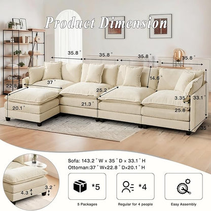 SoarFlash 143.2" Chenille Sectional Sofa, Comfy L Shaped Modular Coush Sofa with Ottoman, Modern 4 Seat Couch Deep Seat Sofa Set for Living Room,Beige