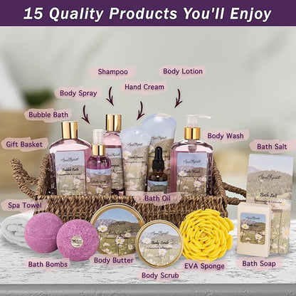 Bath Spa Gift Sets - Luxury Basket With Lavender & Chamomile - Spa Kit Includes Wash, Bubble Bath, Lotion, Bath Salts, Body Scrub, Body Spray, Shower Puff, Bathbombs, Soap and Towel